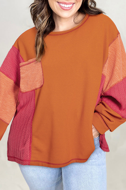 Blue Zone Planet | Orange Textured Knit Color Block Patchwork Chest Pocket Plus Size Top-Plus Size/Plus Size Tops/Plus Size Long Sleeve Tops-[Adult]-[Female]-Orange-1X-2022 Online Blue Zone Planet