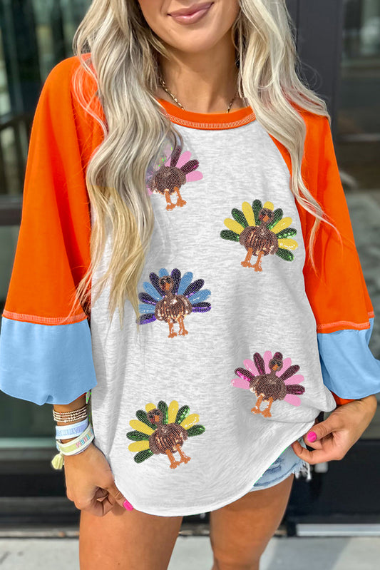 Light Grey Thanksgiving Turkey Sequin Graphic Color Block Long Raglan Sleeve Top-Graphic/Graphic Long Sleeve Tees-[Adult]-[Female]-Light Grey-S-2022 Online Blue Zone Planet