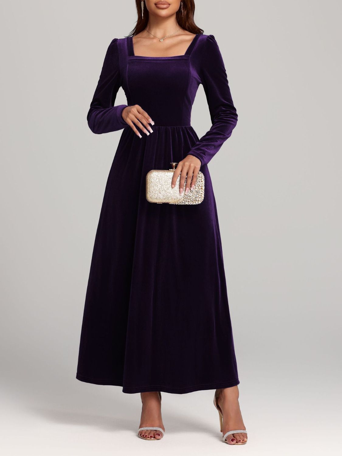 Blue Zone Planet | Velvet Square Neck Long Sleeve Dress-TOPS / DRESSES-[Adult]-[Female]-2022 Online Blue Zone Planet