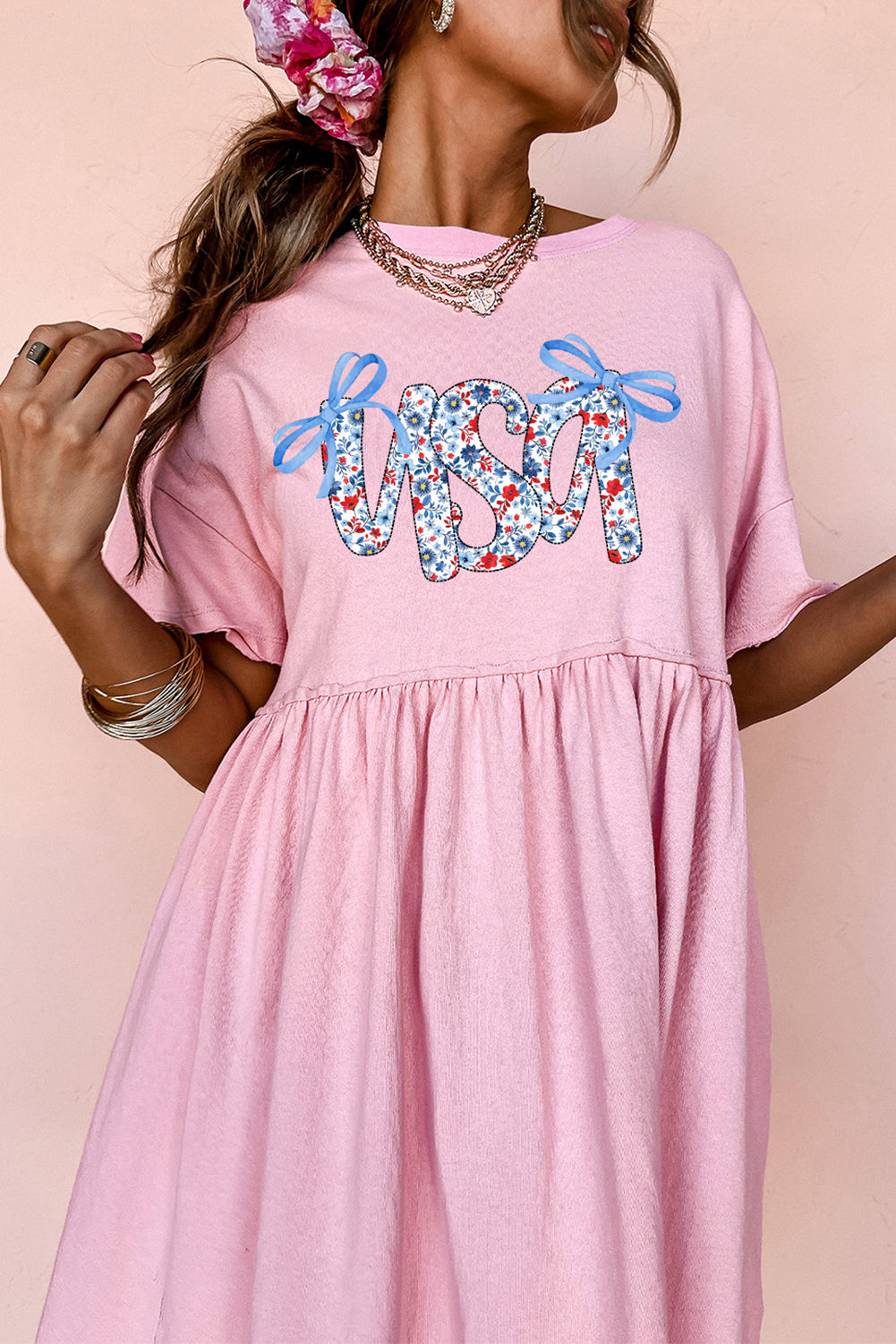 Light Pink USA Floral Bow Print Drop Shoulder Babydoll Dress-Graphic Apparel-[Adult]-[Female]-2022 Online Blue Zone Planet
