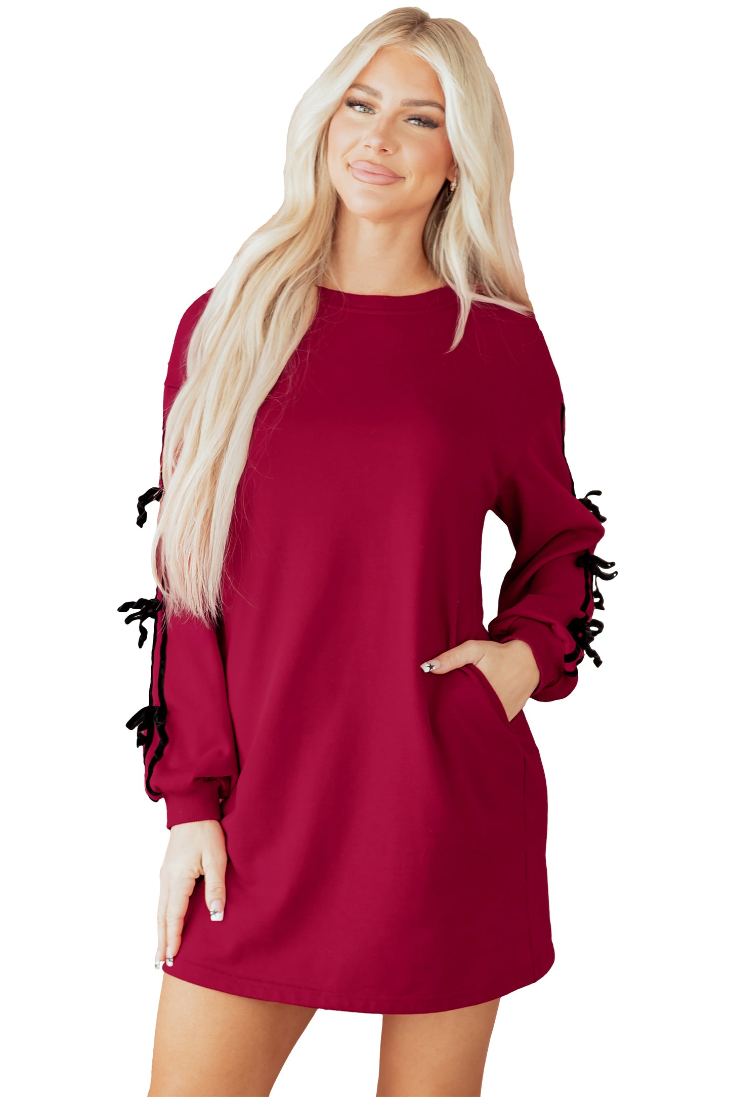 Racing Red Contrast Striped Bow Detail Drop Shoulder Sweatshirt Dress with Pockets-TOPS / DRESSES-[Adult]-[Female]-2022 Online Blue Zone Planet