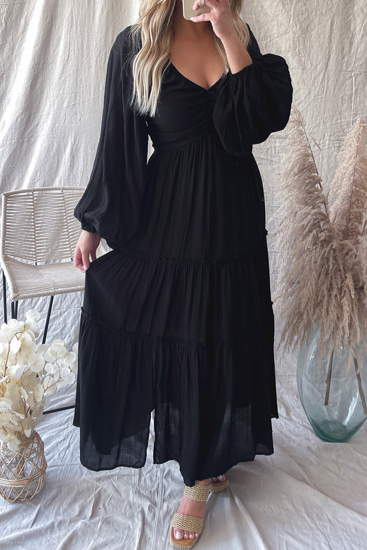 Blue Zone Planet |  Black V Neck Bowknot Cutout Frill Tiered Maxi Dress