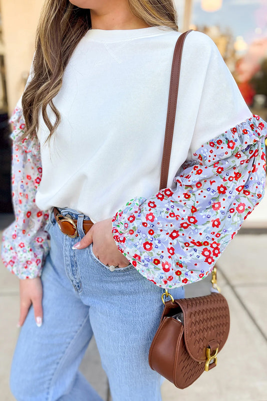 White Floral Ruffled Balloon Sleeve Patchwork Loose Blouse-Tops/Blouses & Shirts-[Adult]-[Female]-White-S-2022 Online Blue Zone Planet