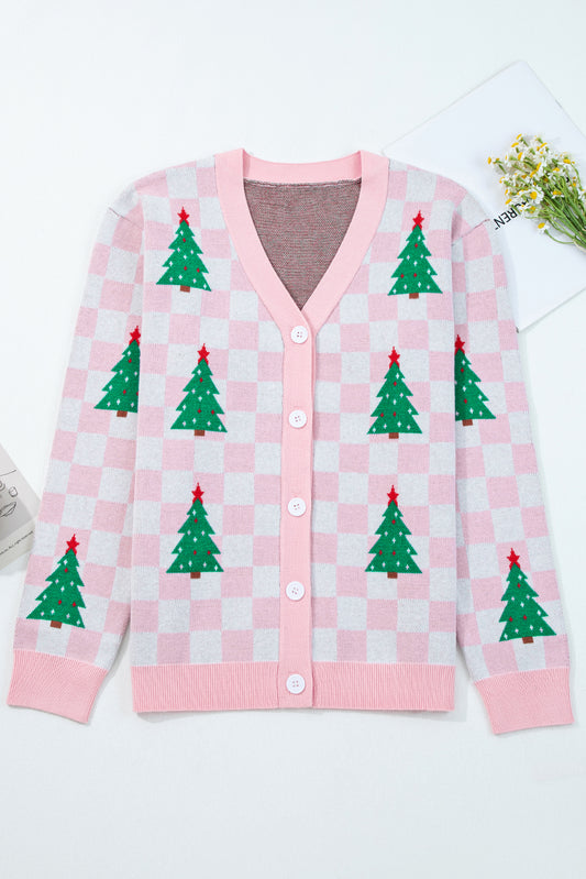Pink Checkered Christmas Tree Pattern Button V Neck Cardigan Sweater-Sweaters & Cardigans/Cardigans-[Adult]-[Female]-2022 Online Blue Zone Planet