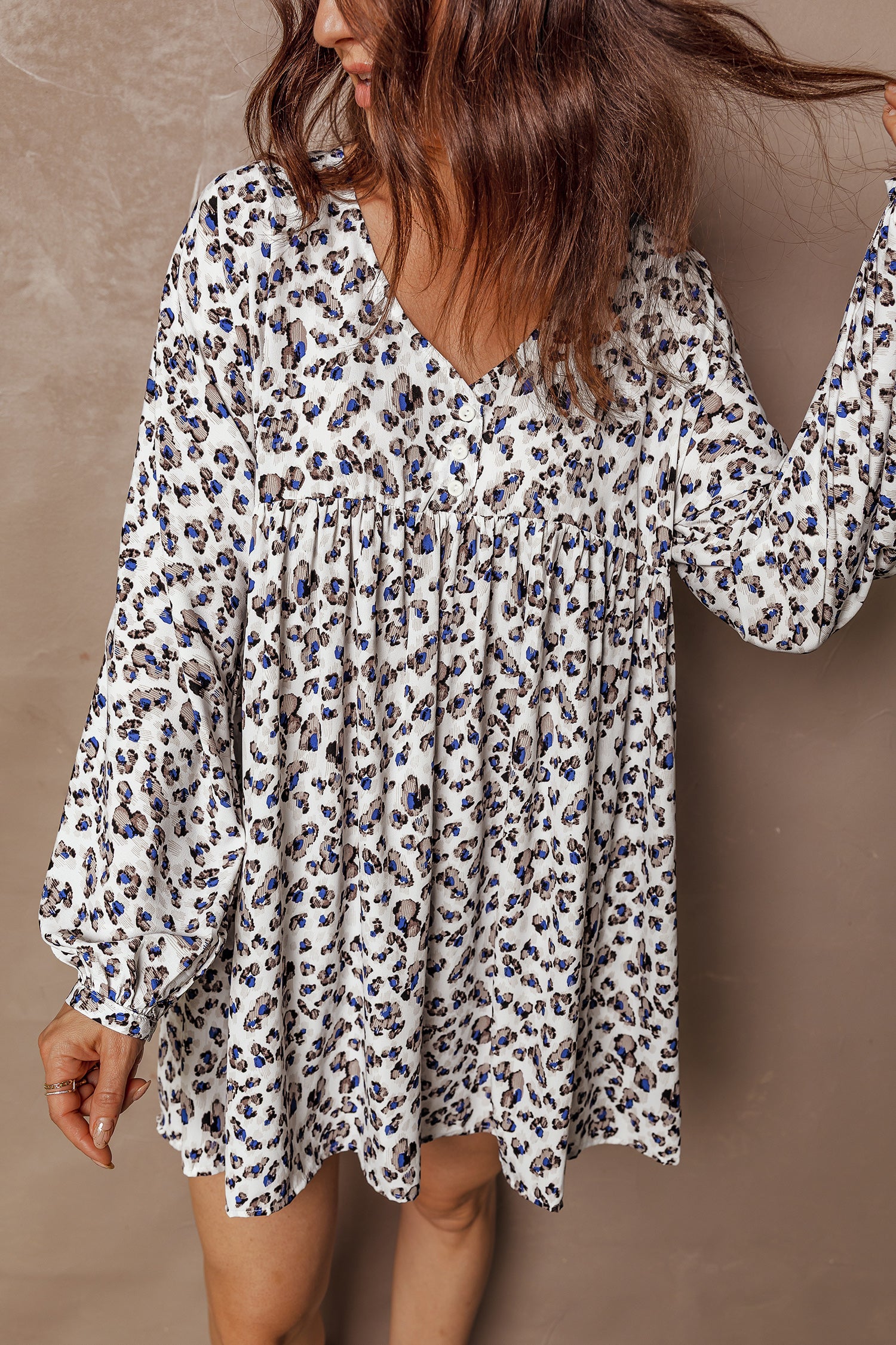 Multicolour Leopard Print V Neck Button Detail Long Sleeve Mini Dress-TOPS / DRESSES-[Adult]-[Female]-2022 Online Blue Zone Planet