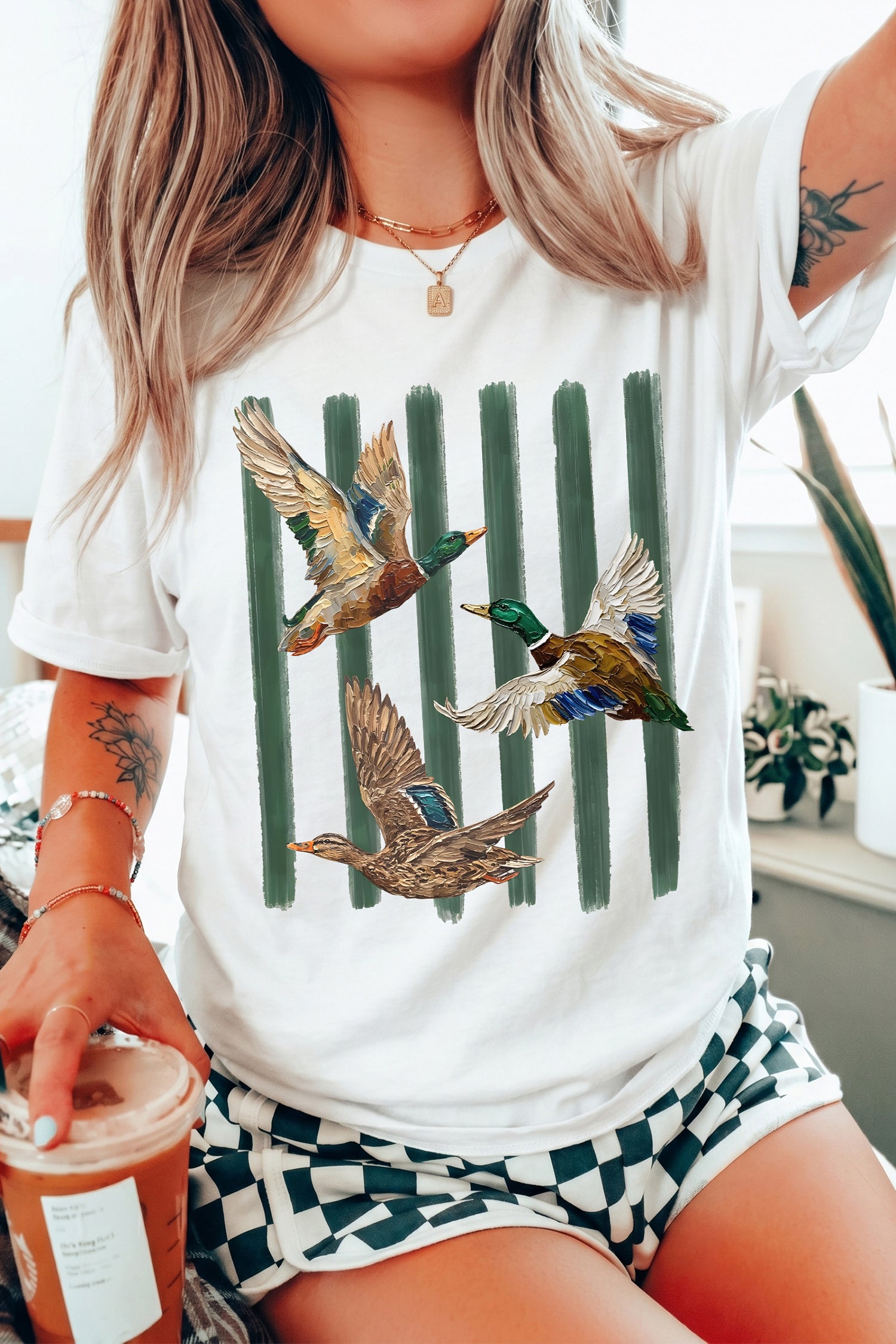 White Western Mallard Stripes Printed Graphic Round Neck Casual Tee-Graphic/Graphic Tees-[Adult]-[Female]-2022 Online Blue Zone Planet