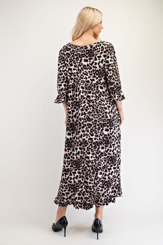 Celeste Full Size Leopard Round Neck Flounce Sleeve Dress-TOPS / DRESSES-[Adult]-[Female]-2022 Online Blue Zone Planet