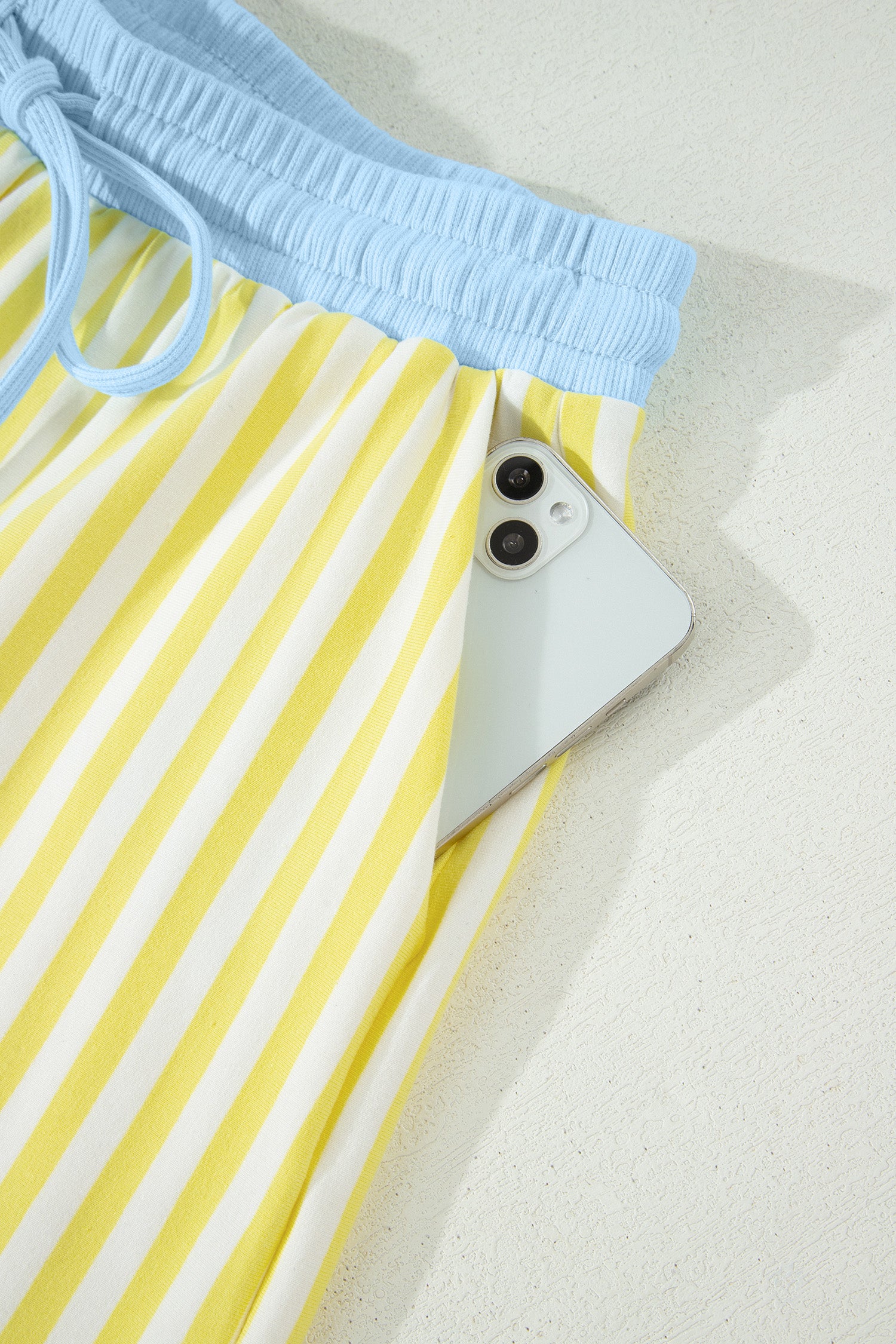 Yellow Stripe Colorblock Trim V Neck Tee Drawstring Elastic Waist Short Set-Two Piece Sets/Short Sets-[Adult]-[Female]-2022 Online Blue Zone Planet