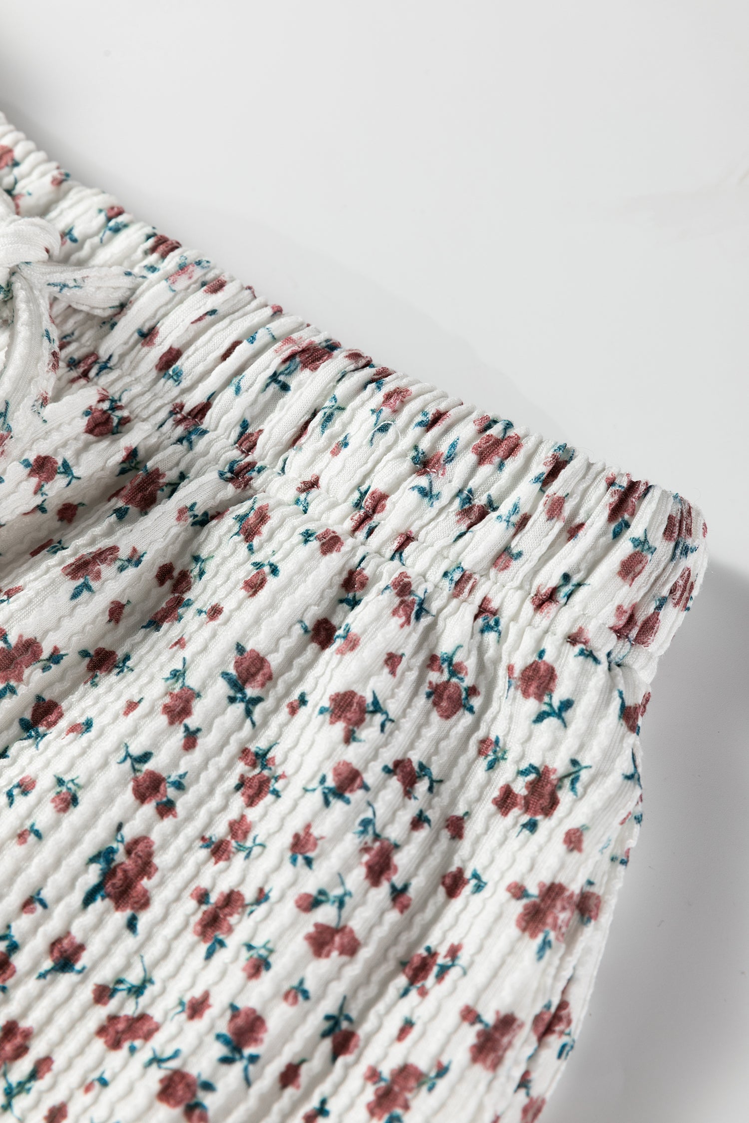 White Spiral Ribbed Floral Print Long Sleeve Henley Top Drawstring Short Set-Two Piece Sets/Short Sets-[Adult]-[Female]-2022 Online Blue Zone Planet