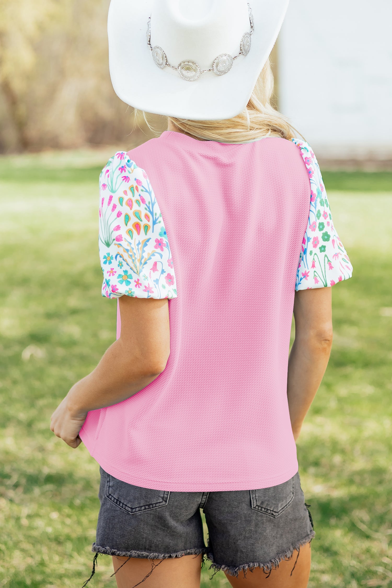 Pink Round Neck Textured Contrast Floral Bubble Sleeve Blouse-Tops/Blouses & Shirts-[Adult]-[Female]-2022 Online Blue Zone Planet