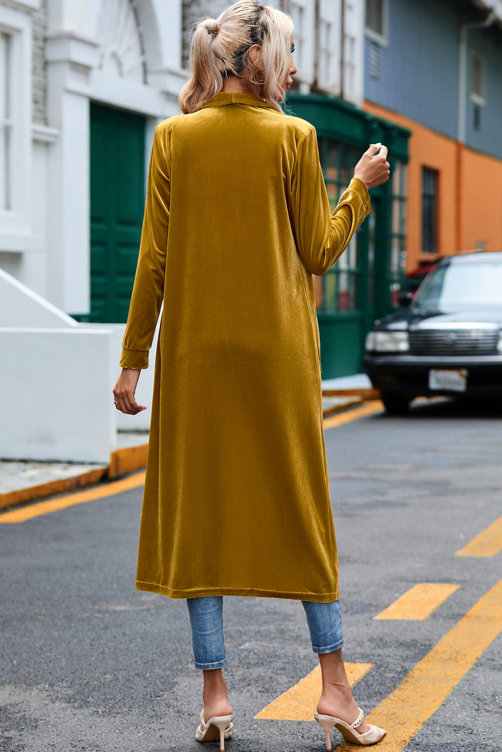 Yellow Velvet Open Front Pocketed Long Duster-Sweaters & Cardigans/Cardigans-[Adult]-[Female]-2022 Online Blue Zone Planet