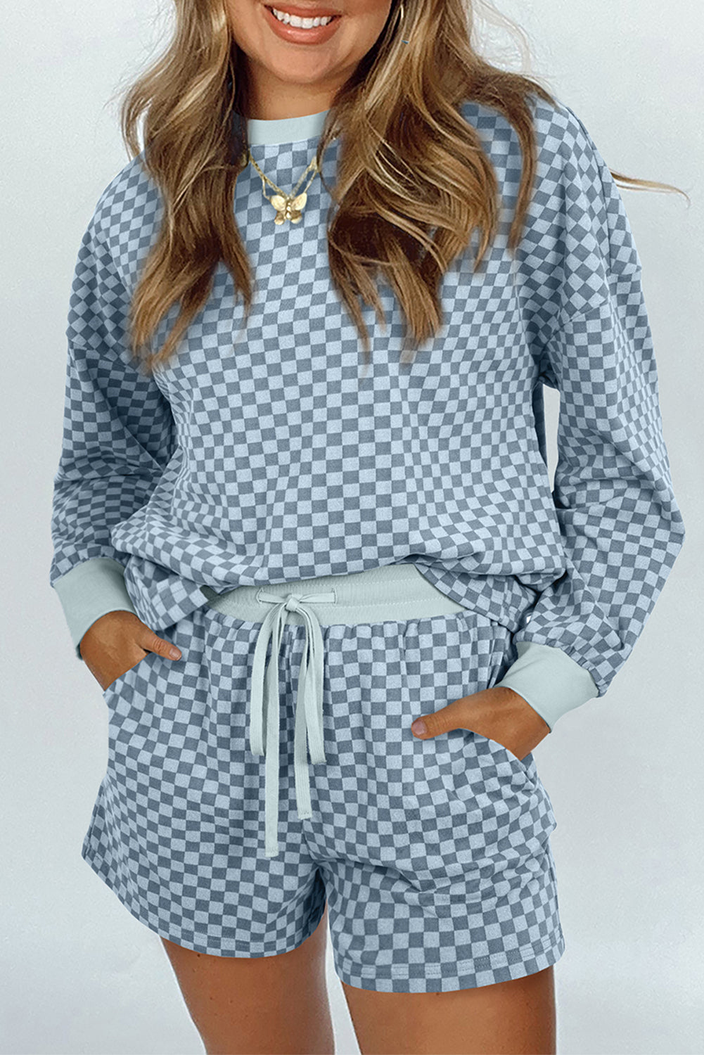Sky Blue Checkerboard Long Sleeve Pullover and Shorts Set-Two Piece Sets/Short Sets-[Adult]-[Female]-Sky Blue-S-2022 Online Blue Zone Planet