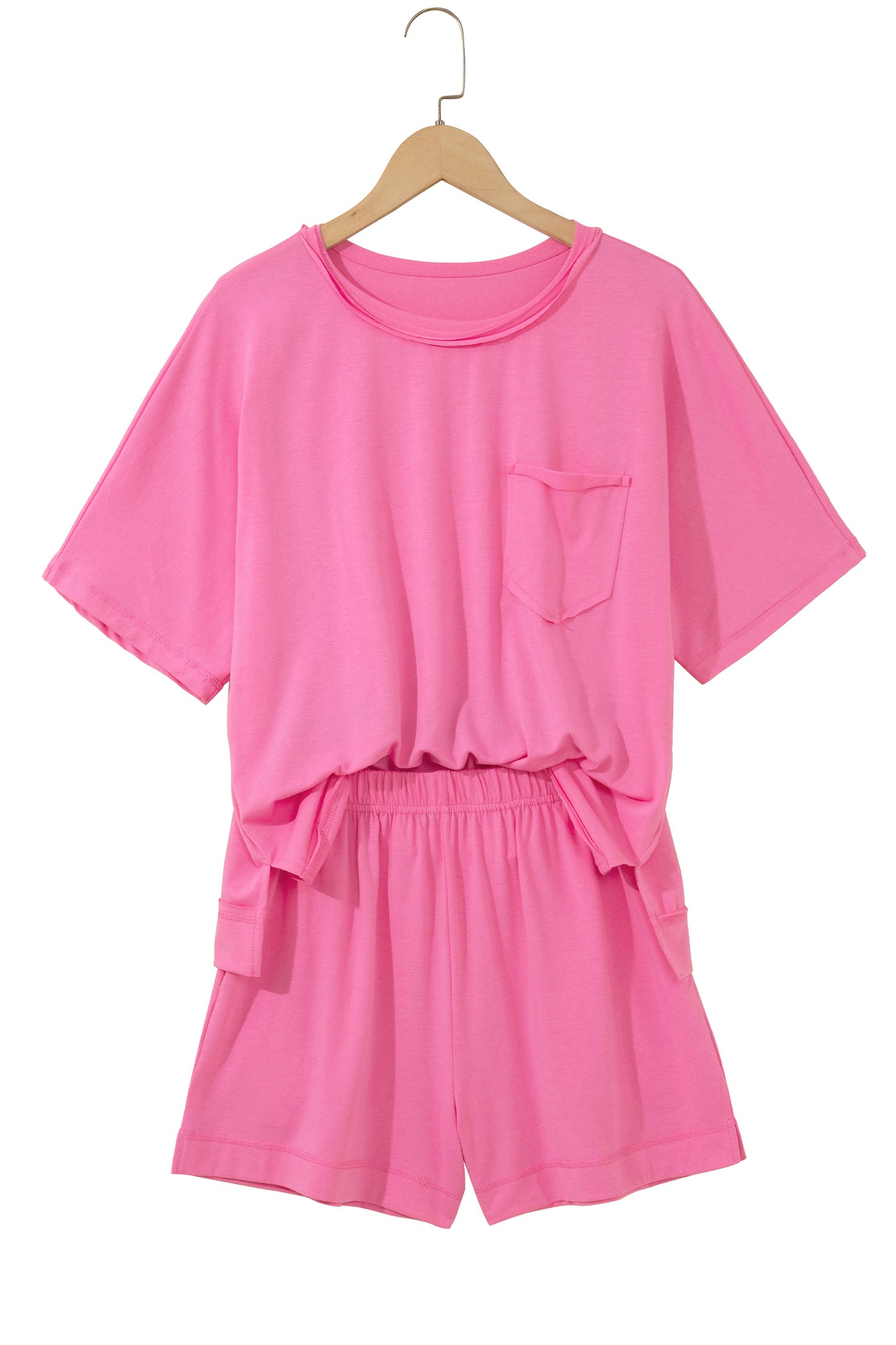 Strawberry Pink Raw Edge Patch Pocket Oversized Top and Shorts Set-Two Piece Sets/Short Sets-[Adult]-[Female]-2022 Online Blue Zone Planet
