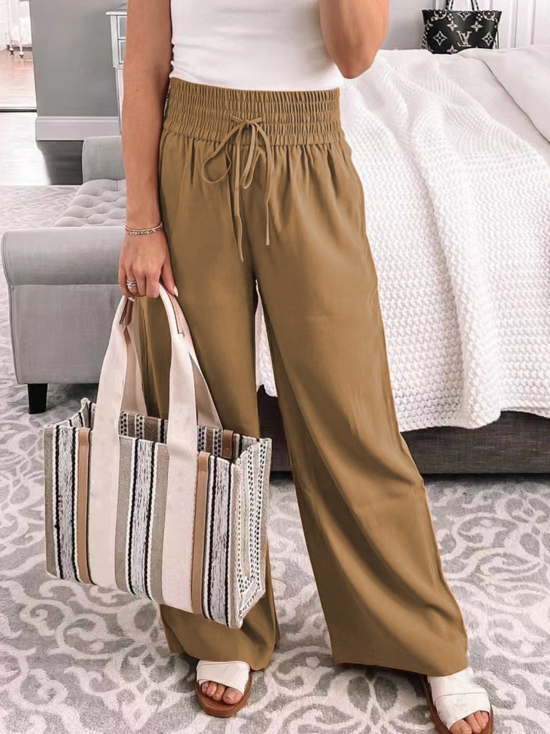 Full Size Drawstring High Waist Wide Leg Pants-BOTTOMS SIZES SMALL MEDIUM LARGE-[Adult]-[Female]-Camel-S-2022 Online Blue Zone Planet