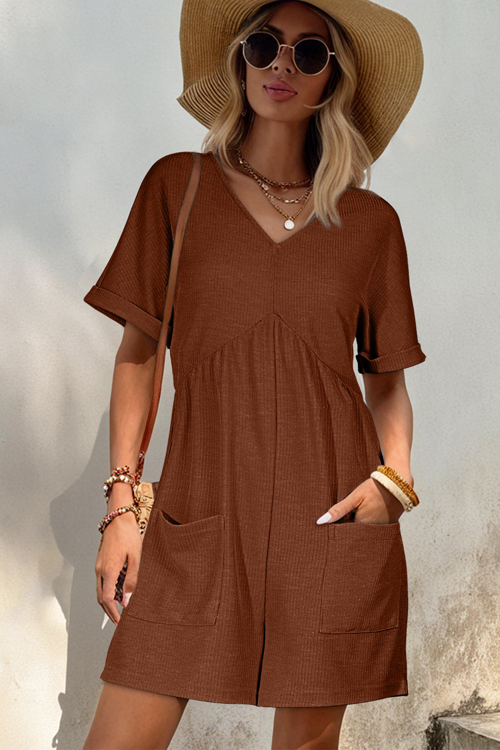 Coffee Solid Color Knit V Neck Zipped Loose Romper-Bottoms/Jumpsuits & Rompers-[Adult]-[Female]-2022 Online Blue Zone Planet