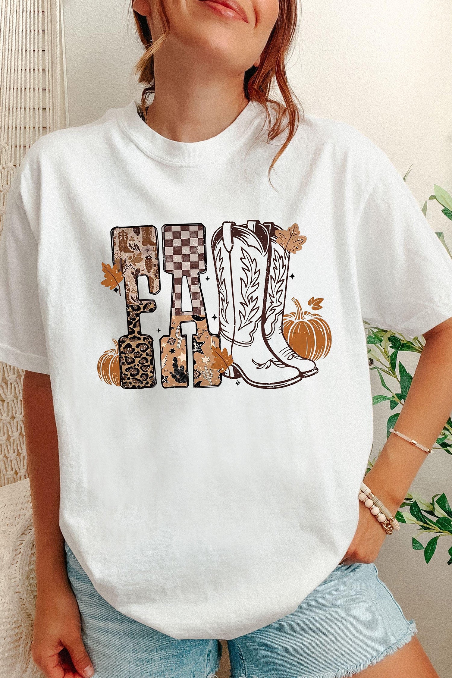 White FALL Letter Print Western Thanksgiving Graphic T-Shirt-Graphic/Graphic Tees-[Adult]-[Female]-2022 Online Blue Zone Planet