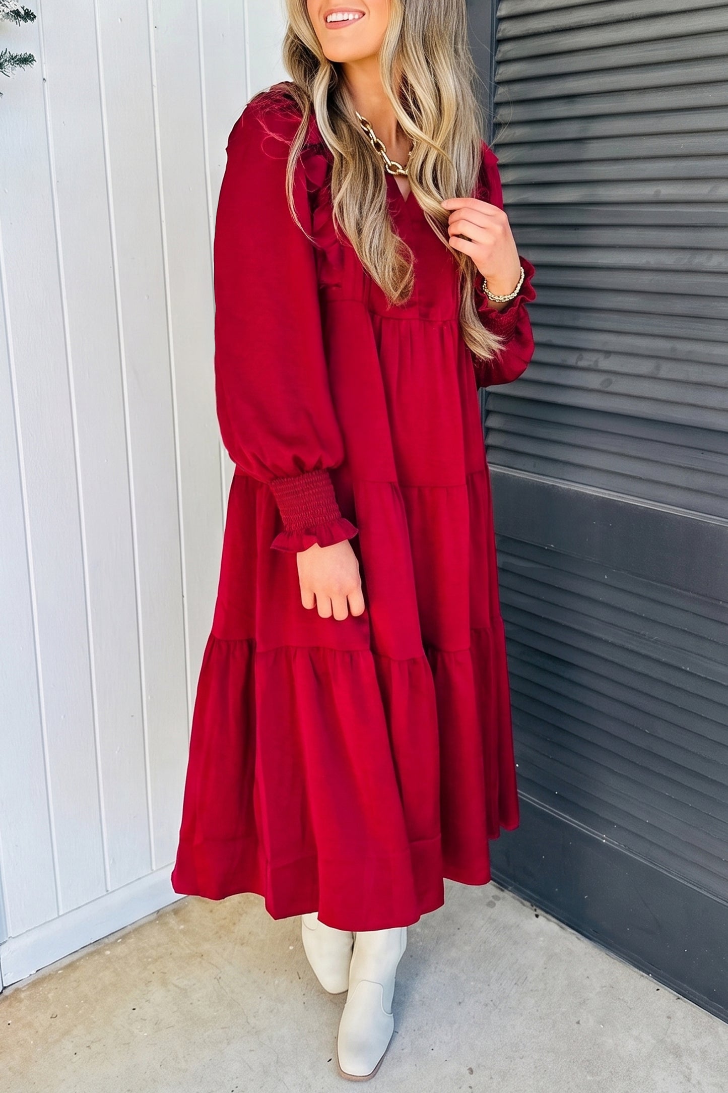 Racing Red Solid Color Ruffle Trim Long Sleeve Tiered Shift Midi Dress-Dresses/Midi Dresses-[Adult]-[Female]-2022 Online Blue Zone Planet