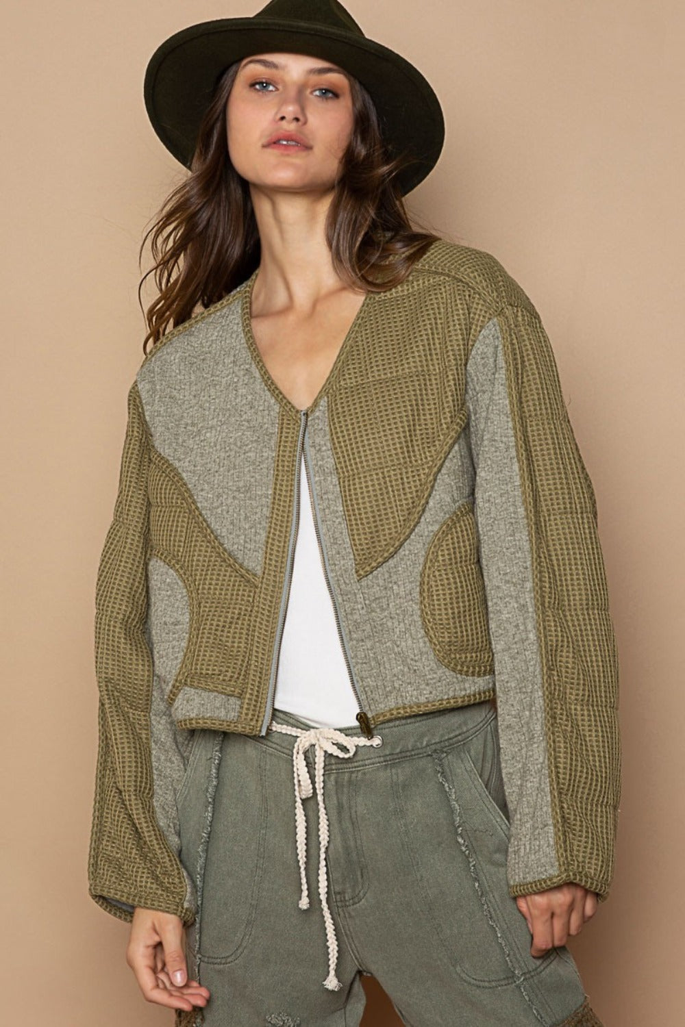 POL Quilted Knit Viding Detail Knit Patch Jacket-TOPS / DRESSES-[Adult]-[Female]-Olive-S-2022 Online Blue Zone Planet