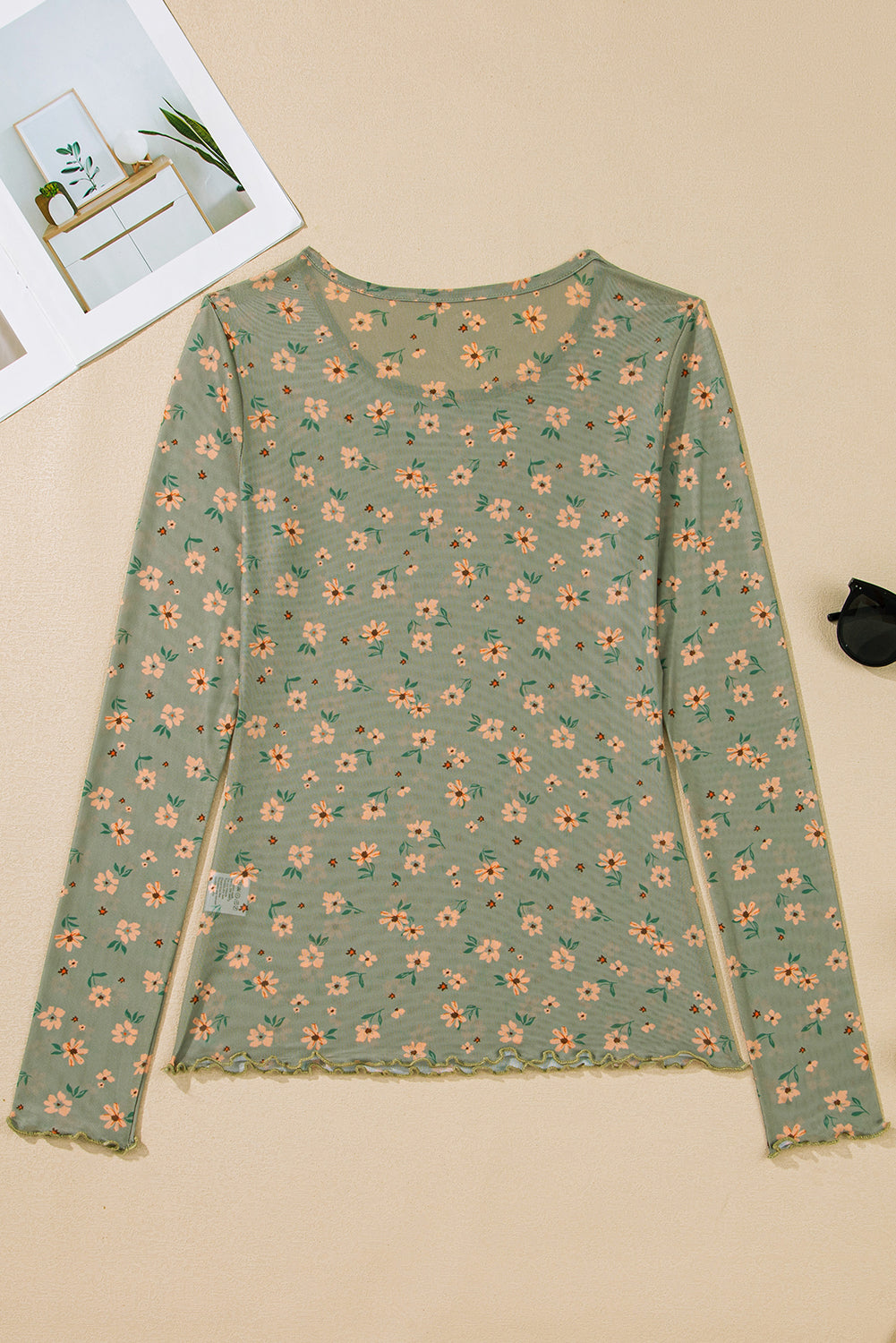 Laurel Green Vintage Floral Print Southern Style Mesh Long Sleeve Top-Tops/Long Sleeve Tops-[Adult]-[Female]-2022 Online Blue Zone Planet