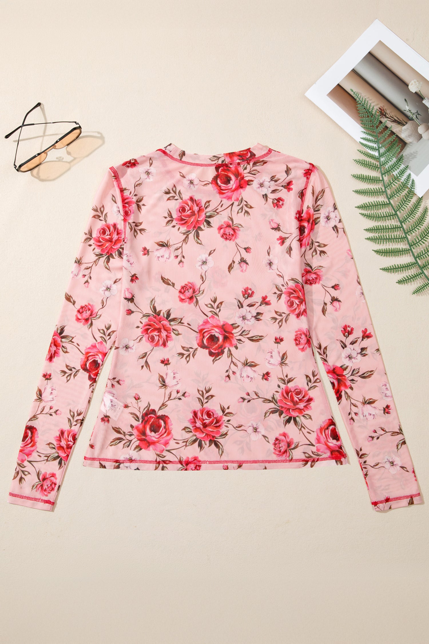 Pink Floral Print Exposed Seam Detail Mesh Long Sleeve Top-Tops/Long Sleeve Tops-[Adult]-[Female]-2022 Online Blue Zone Planet