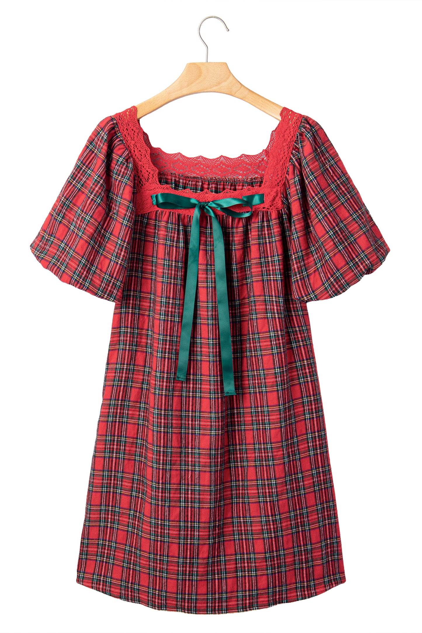 Red Plaid Square Collar Lace Trim Short Sleeve Shift Mini Dress-TOPS / DRESSES-[Adult]-[Female]-2022 Online Blue Zone Planet