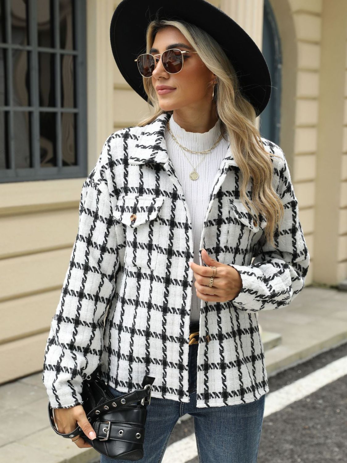 Plaid Collared Neck Long Sleeve Jacket-TOPS / DRESSES-[Adult]-[Female]-2022 Online Blue Zone Planet