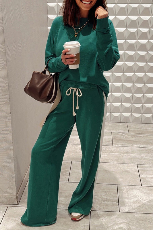 Sea Green Solid Color Pullover Top Varsity Stripe Detail Loose Drawstring Pants Set-Two Piece Sets/Pant Sets-[Adult]-[Female]-Sea Green-S-2022 Online Blue Zone Planet