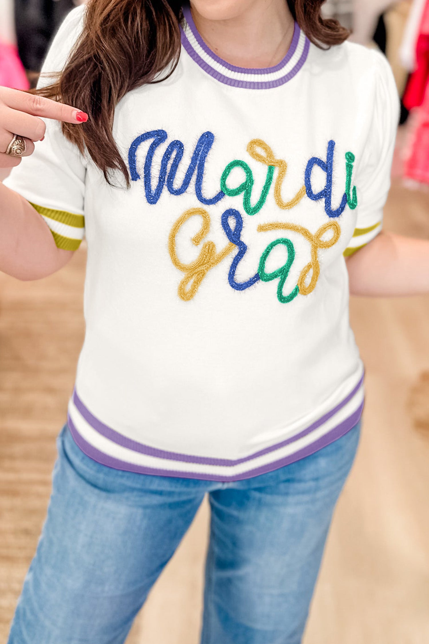 White Mardi Gras Tinsel Letter Graphic Short Sleeve Sweater-Sweaters & Cardigans/Short Sleeve Sweaters-[Adult]-[Female]-2022 Online Blue Zone Planet