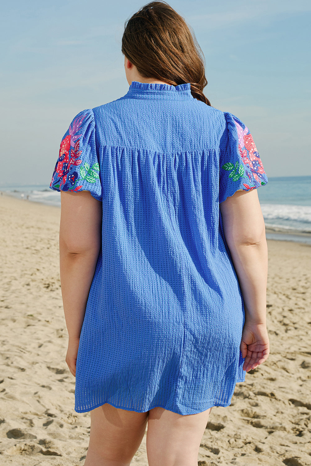 Sky Blue Plus Size Floral Embroidered Puff Sleeve Gingham Mini Dress-Plus Size/Plus Size Dresses/Plus Size Mini Dresses-[Adult]-[Female]-2022 Online Blue Zone Planet