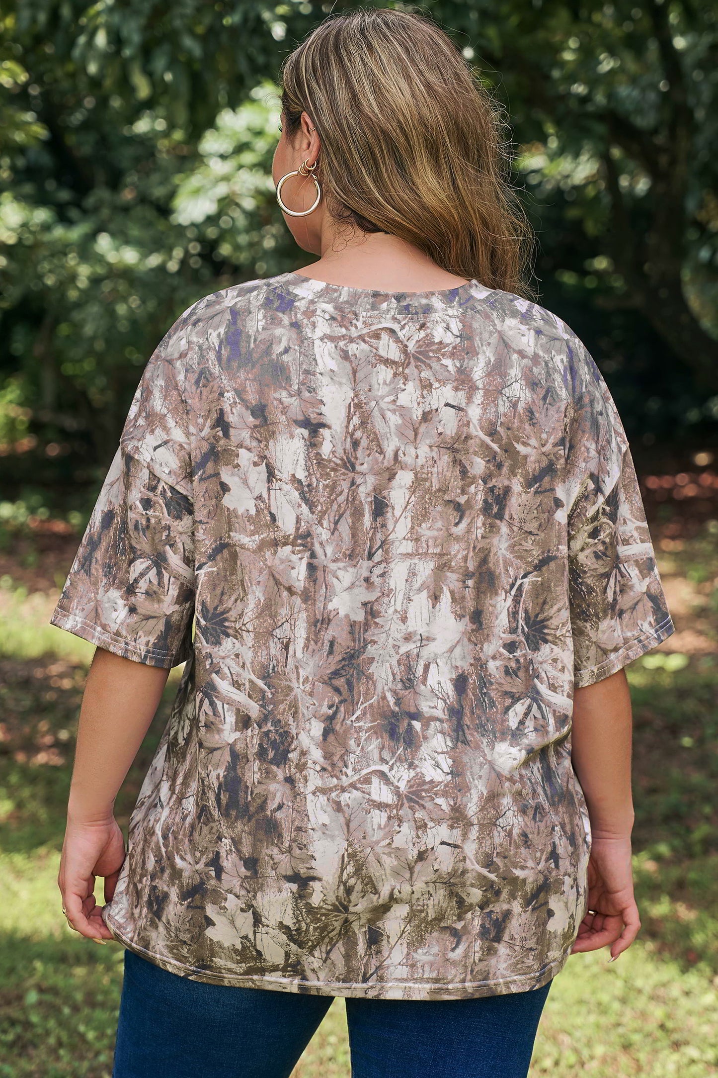 Khaki Plus Size Woodland Camouflage Print T Shirt-Plus Size/Plus Size Tops/Plus Size Tops & Tees-[Adult]-[Female]-2022 Online Blue Zone Planet
