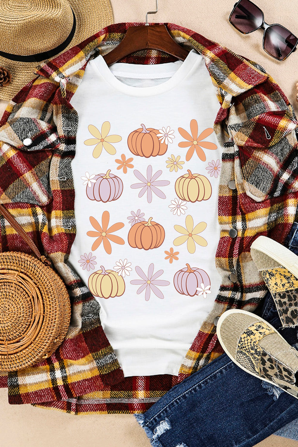 Pumpkin & Flower Round Neck Short Sleeve T-Shirt-TOPS / DRESSES-[Adult]-[Female]-2022 Online Blue Zone Planet