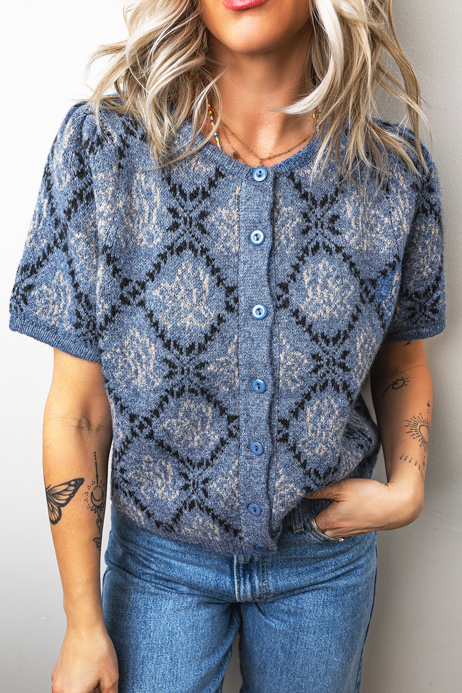 Dark Blue Short Sleeve Button Front Boho Knit Top Cardigan-Sweaters & Cardigans/Cardigans-[Adult]-[Female]-Dark Blue-S-2022 Online Blue Zone Planet