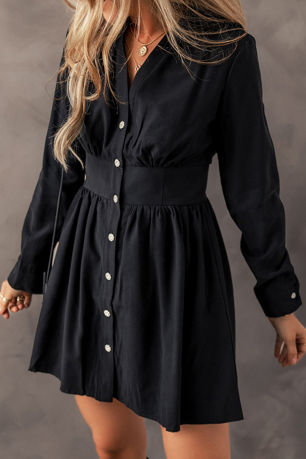 long sleeve dress cinched waist Elastic Cinched Mini Dress (Black, L)