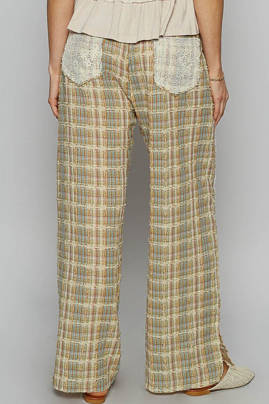 POL Lace Trim Drawstring Checkered Wide Leg Pants-BOTTOMS-[Adult]-[Female]-2022 Online Blue Zone Planet