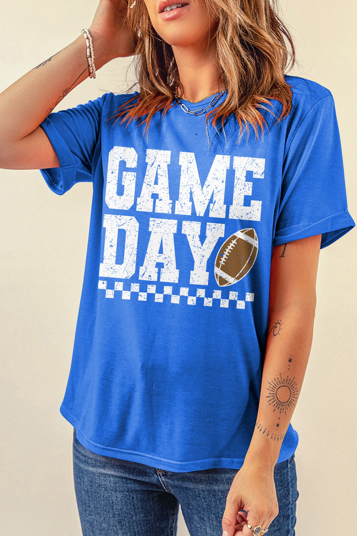 Dark Blue GAME DAY Checkered Print Rugby Graphic T Shirt-Graphic/Graphic Tees-[Adult]-[Female]-2022 Online Blue Zone Planet