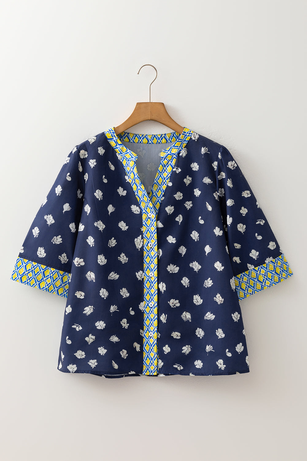 Blue Floral Print Half Sleeve Contrast Trim V Neck Blouse-Tops/Blouses & Shirts-[Adult]-[Female]-2022 Online Blue Zone Planet