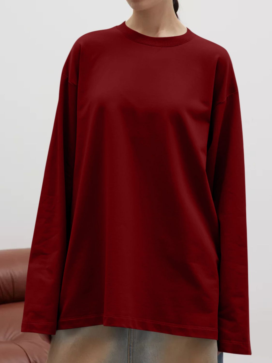 Round Neck Dropped Shoulder Long Sleeve T-Shirt-TOPS / DRESSES-[Adult]-[Female]-Burgundy-S-2022 Online Blue Zone Planet