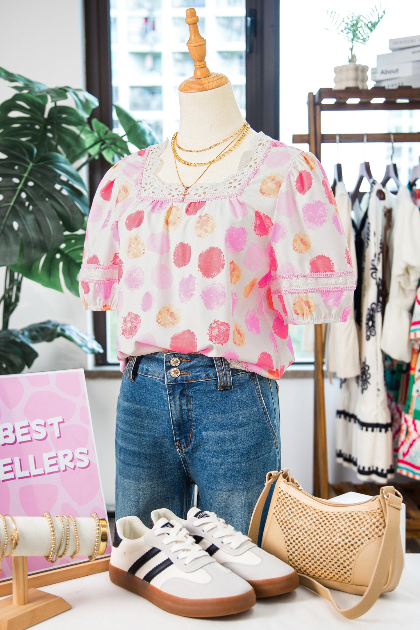 Pink Polka Dot Lace Trim Square Neck Puff Sleeve Blouse-Tops/Blouses & Shirts-[Adult]-[Female]-2022 Online Blue Zone Planet