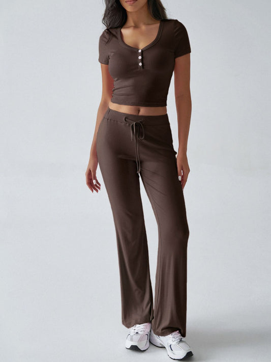 Devine Short Sleeve Top and Drawstring Pants Set-TOPS / DRESSES-[Adult]-[Female]-Brown-S-2022 Online Blue Zone Planet