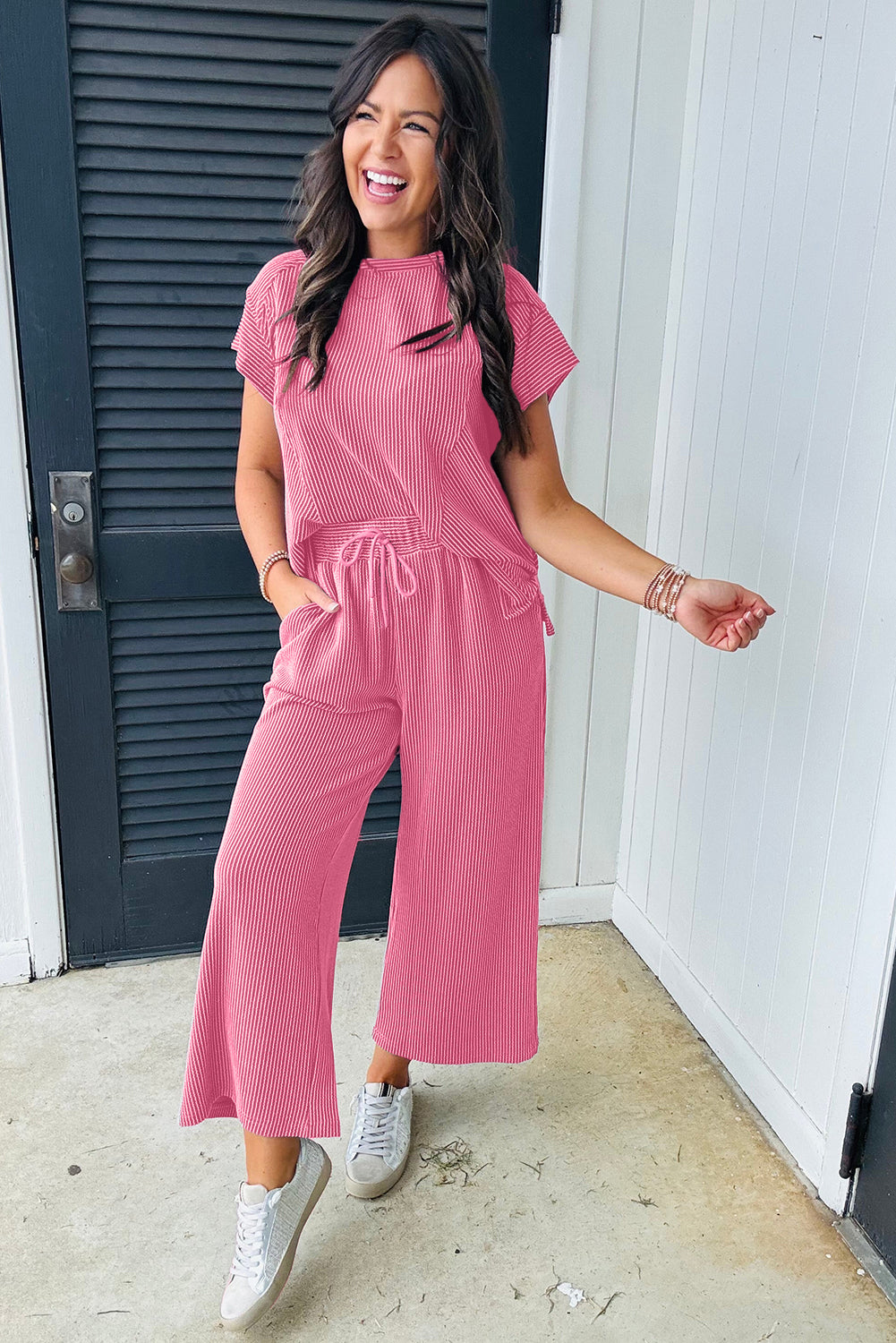 Blue Zone Planet | Wild Wind Solid Corded Knit Short Sleeve T Shirt and Wide Leg Pants Set-Two Piece Sets/Pant Sets-[Adult]-[Female]-2022 Online Blue Zone Planet