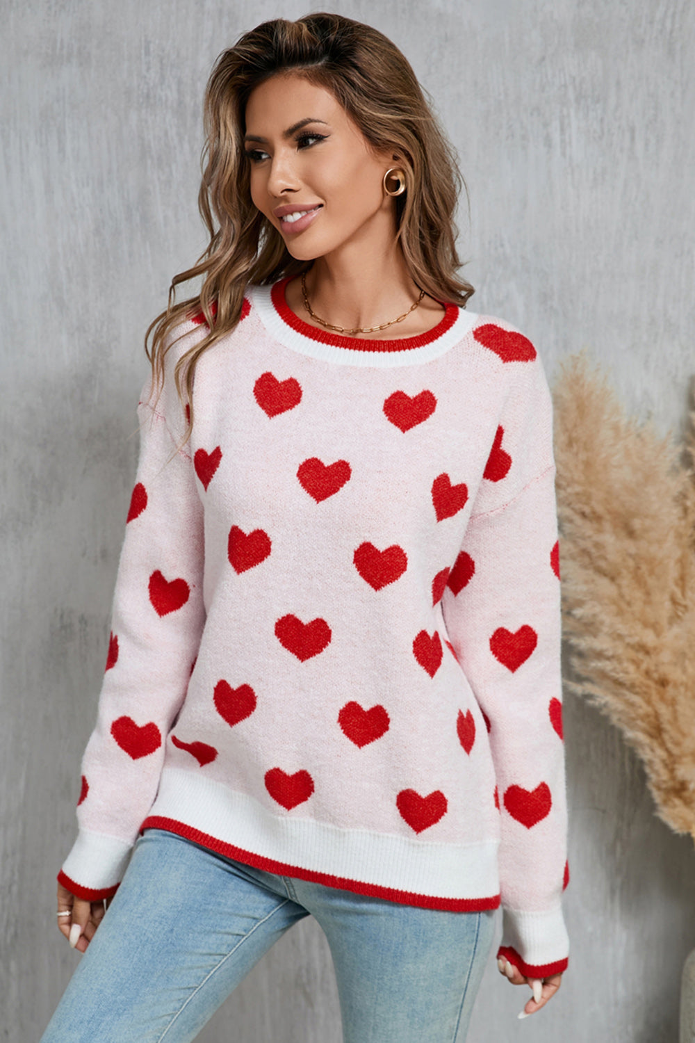 Angel Wings Contrast Trim Heart Round Neck Sweater-TOPS / DRESSES-[Adult]-[Female]-2022 Online Blue Zone Planet