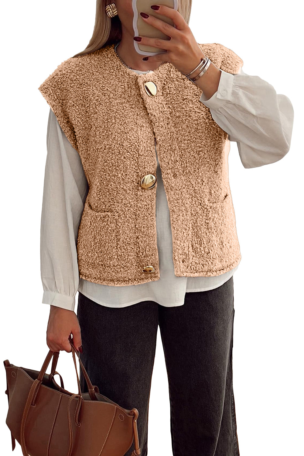 Light French Beige Big Button Accent Fuzzy Pocket Vest-TOPS / DRESSES-[Adult]-[Female]-2022 Online Blue Zone Planet