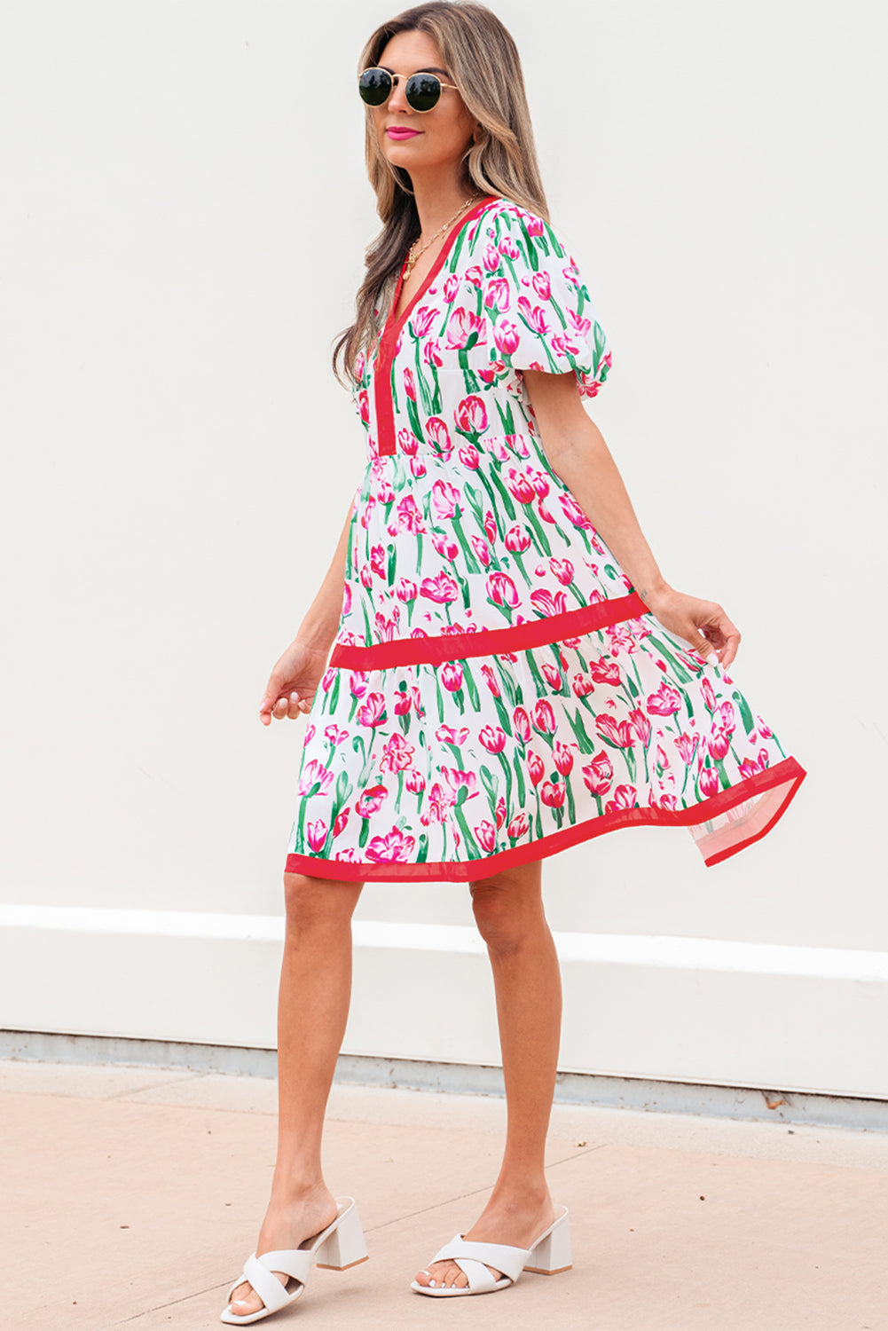 Pink Floral Print Contrast Trim V Neck Bubble Short Sleeve Babydoll Dress-TOPS / DRESSES-[Adult]-[Female]-2022 Online Blue Zone Planet