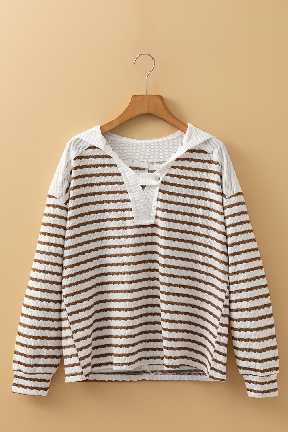 Khaki Stripe Textured Hooded V Neck Casual Long Sleeve Top-Tops / Dresses-[Adult]-[Female]-2022 Online Blue Zone Planet