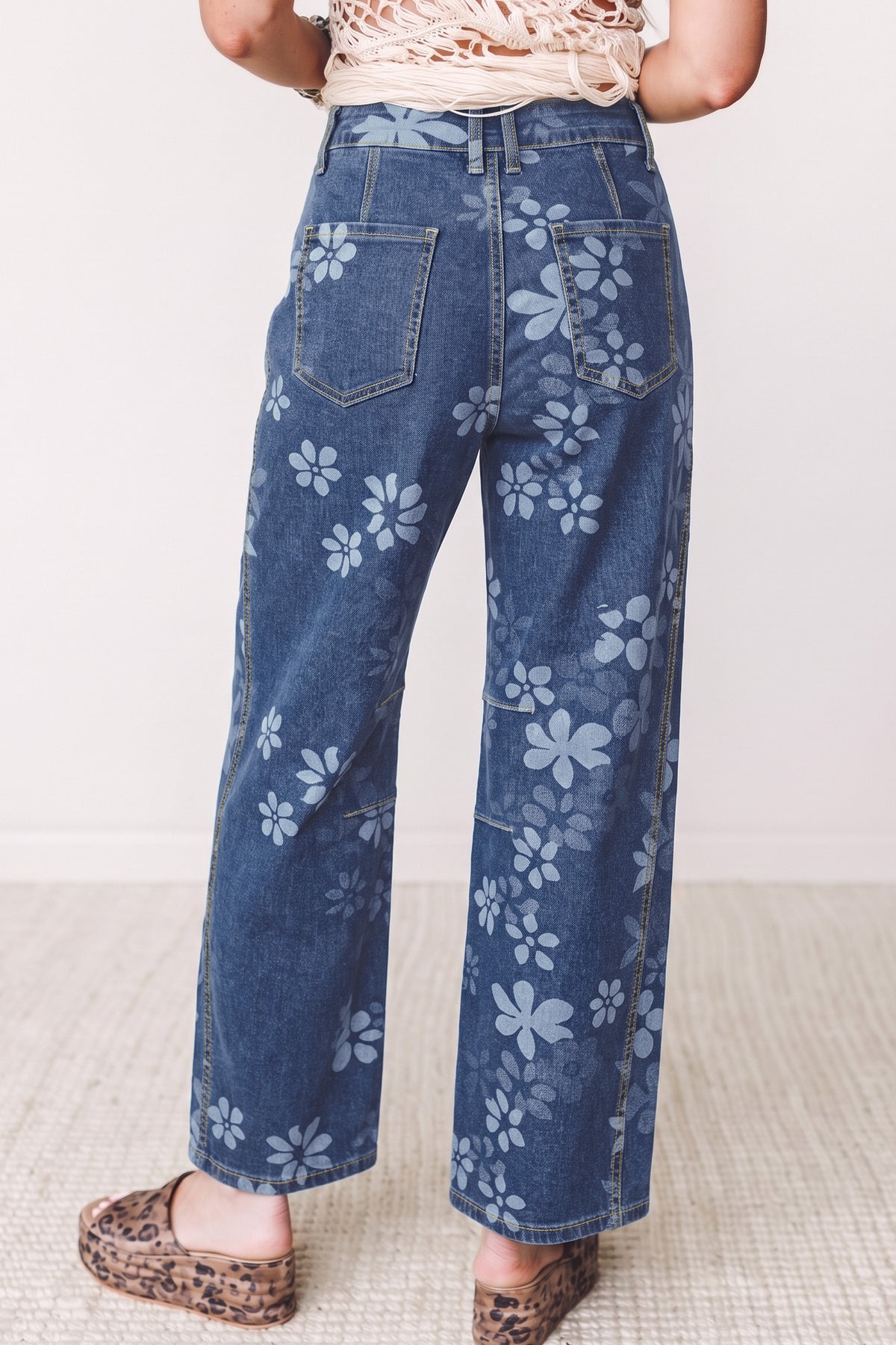 Blue Floral Print Ankle Length Casual Pocket Jeans-Bottoms/Jeans-[Adult]-[Female]-2022 Online Blue Zone Planet
