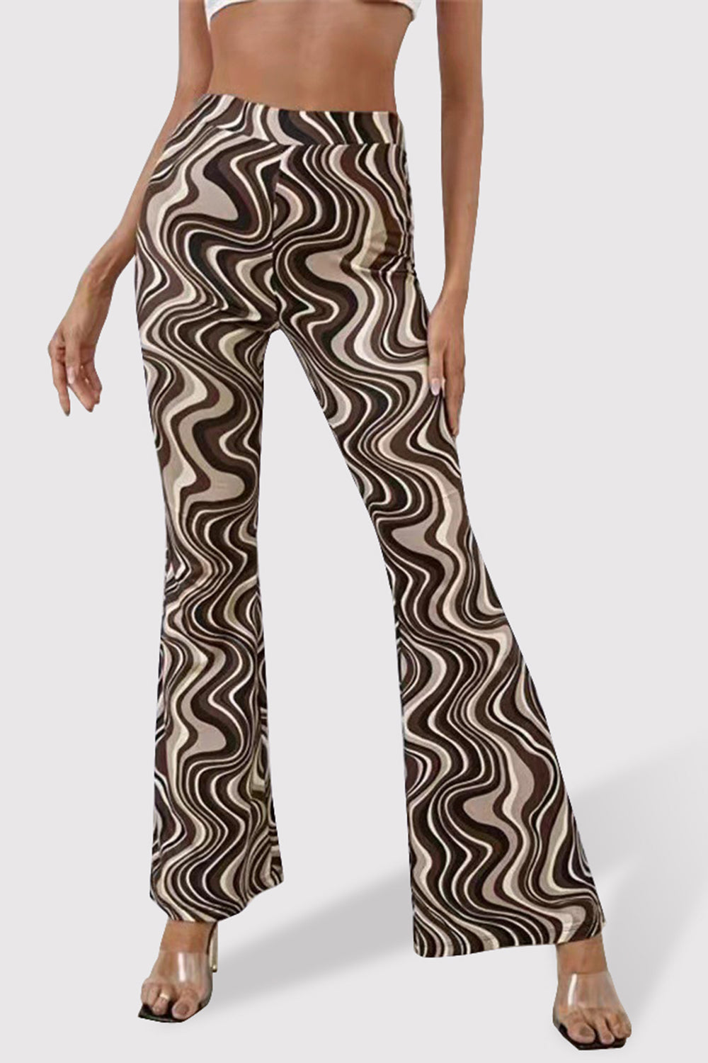 Printed High Waist Flare Pants-[Adult]-[Female]-Chocolate-S-2022 Online Blue Zone Planet