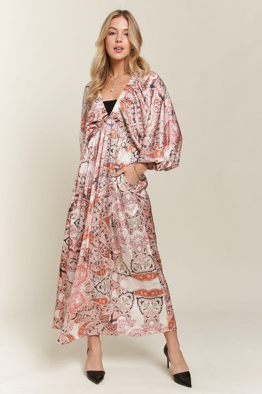 ADORA Printed V-Neck Batwing Sleeve Dress-TOPS / DRESSES-[Adult]-[Female]-2022 Online Blue Zone Planet