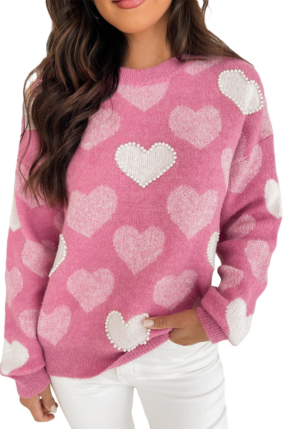 Pink Pearl Heart Print Valentines Crew Neck Sweater-TOPS / DRESSES-[Adult]-[Female]-2022 Online Blue Zone Planet