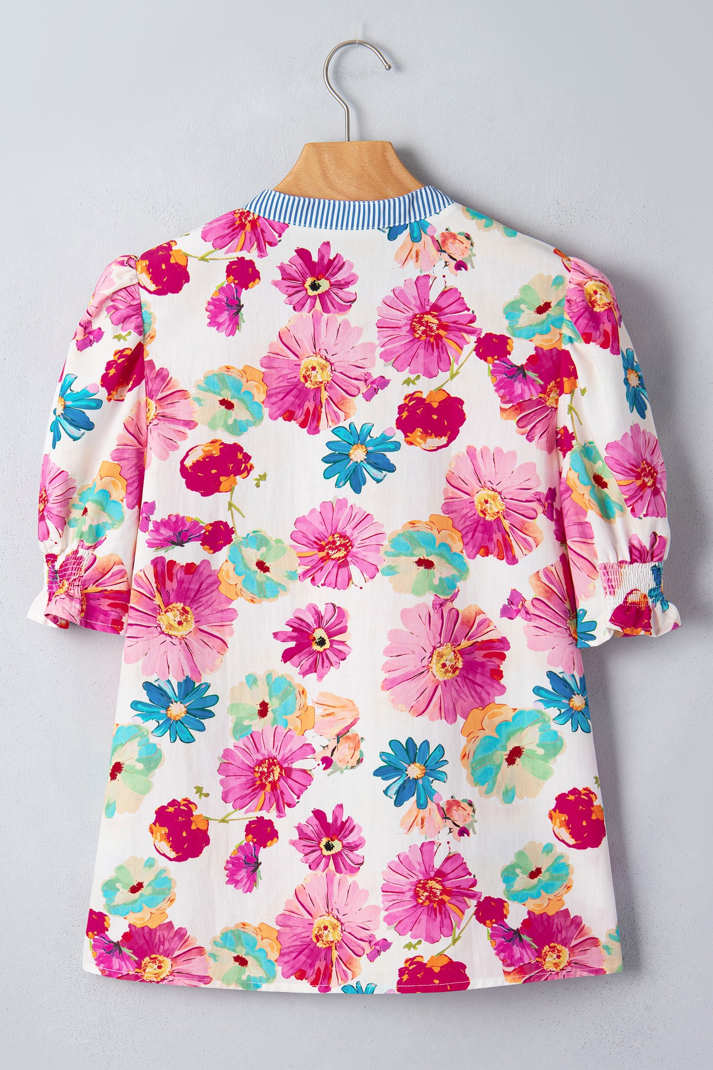 Beige Floral Print Short Puff Sleeve Striped Trim V Neck Blouse-Tops/Blouses & Shirts-[Adult]-[Female]-2022 Online Blue Zone Planet