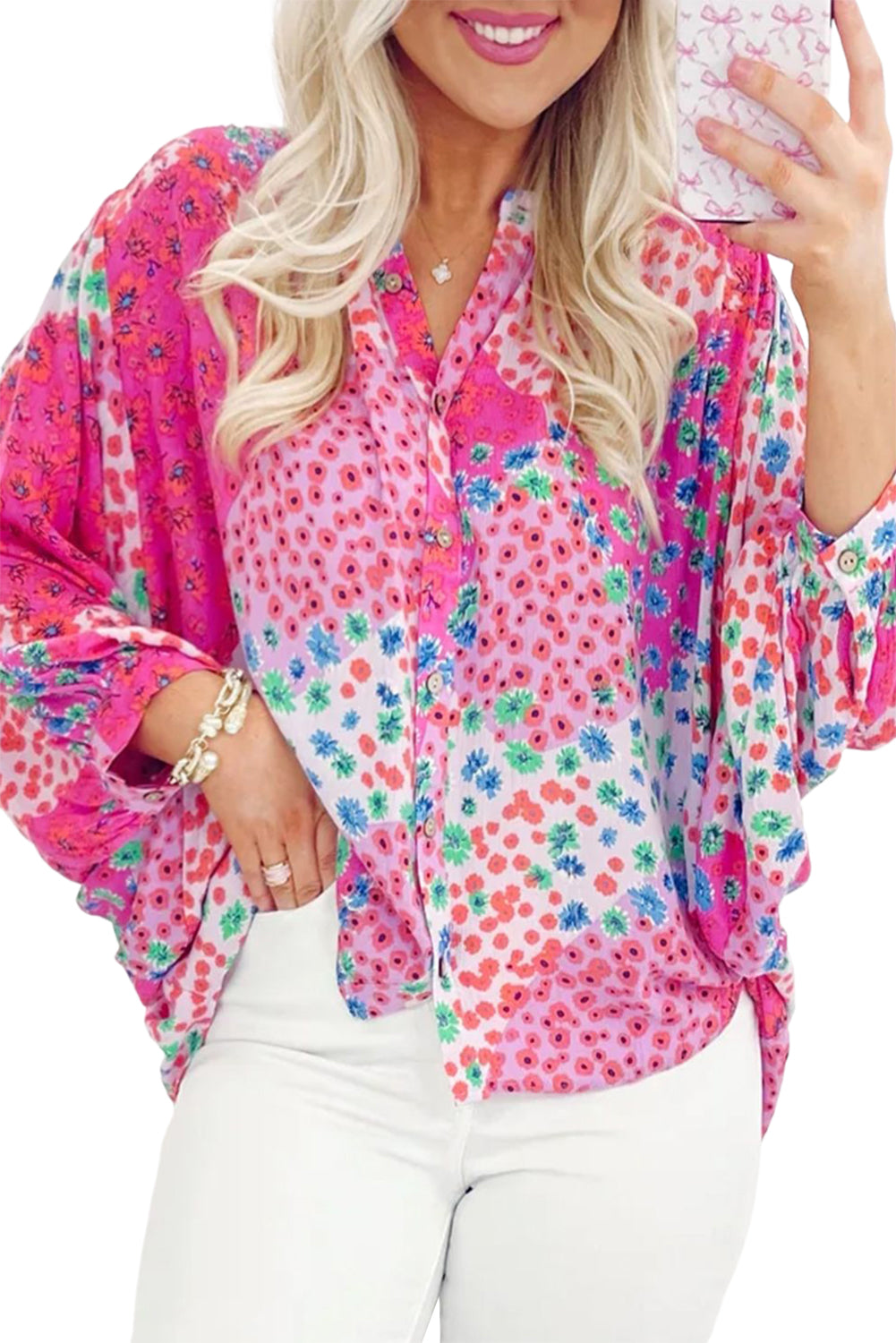 Rose Red Floral Allover Print Buttoned V Neck Oversized Shirt-Tops/Blouses & Shirts-[Adult]-[Female]-2022 Online Blue Zone Planet